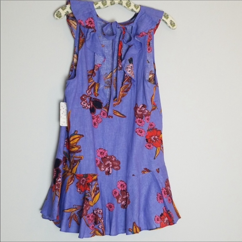 Free People Floral Tie Back Linen Top in Blue S - Picture 6 of 8